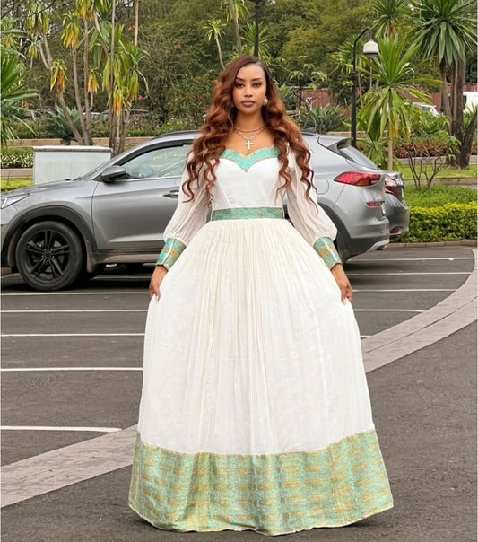 Elegant Ethiopian Dress with Green Tibeb – Classic Habesha Kemis for Women