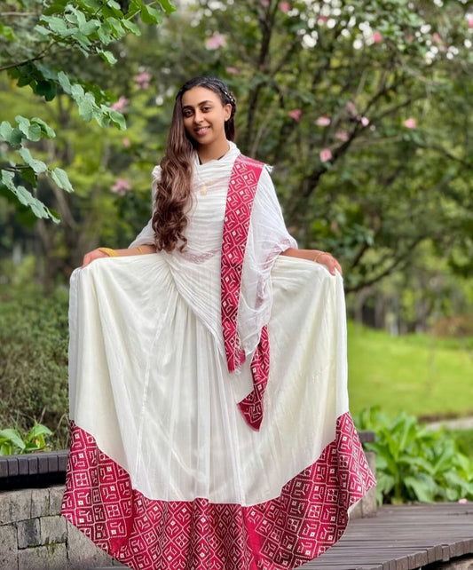 Classic Habesha Dress with Rich Red Tibeb – Authentic Ethiopian Dress