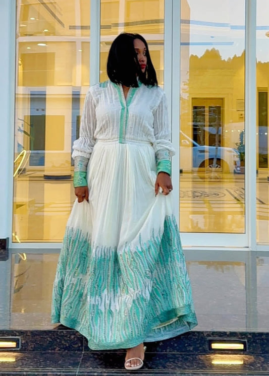 Modern Habesha Dress with blue Waves Tibeb – Stylish Ethiopian Dress