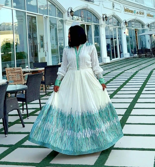 Modern Habesha Dress with blue Waves Tibeb – Stylish Ethiopian Dress