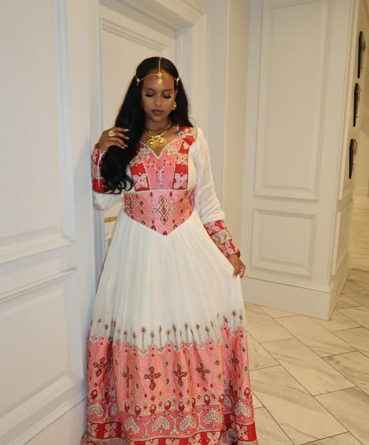 Ethiopian Wedding Dress with Pink Accents – Regal Habesha Dress for Brides