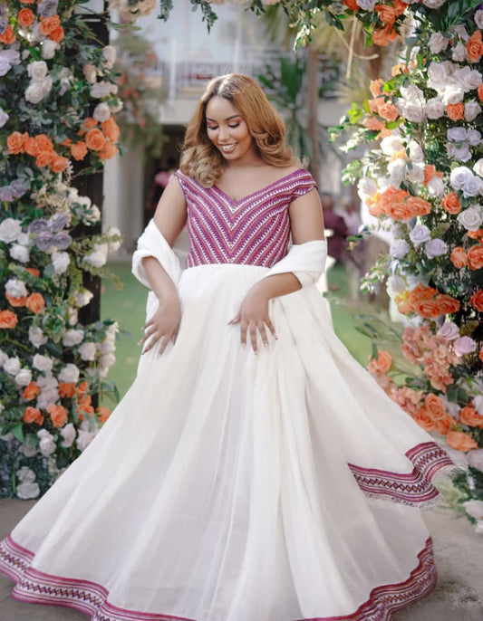 Modern Habesha Dress with Off-Shoulder Purple Tibeb – Stylish Ethiopian Dress