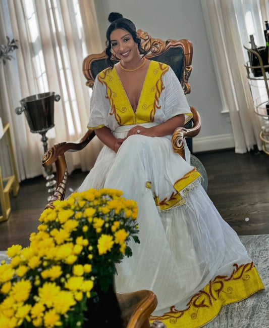 Sunlit Habesha Dress with Yellow Tibeb – Vibrant Ethiopian Dress for New Year