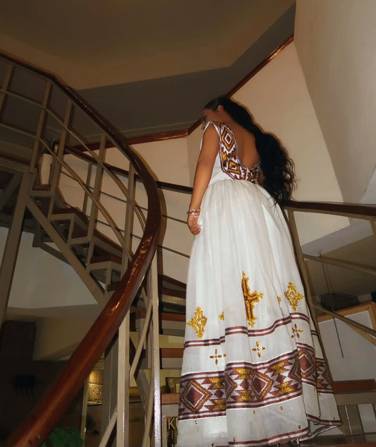 Regal Habesha Kemis with Brown Tibeb – Ethiopian Dress Style