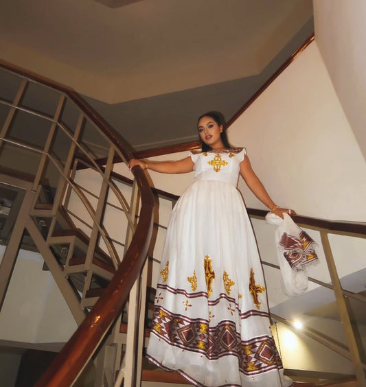 Regal Habesha Kemis with Brown Tibeb – Ethiopian Dress Style