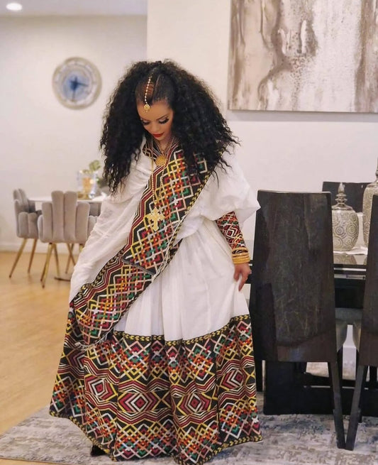 Majestic Habesha Dress with Brown Tibeb – Grand Ethiopian Wedding Dress