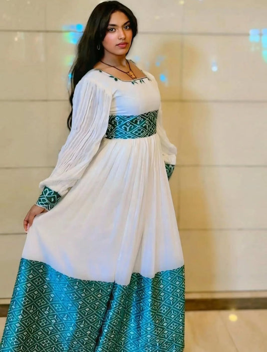 Elegant White & Blue Habesha Dress – Modern Ethiopian Kemis for Events