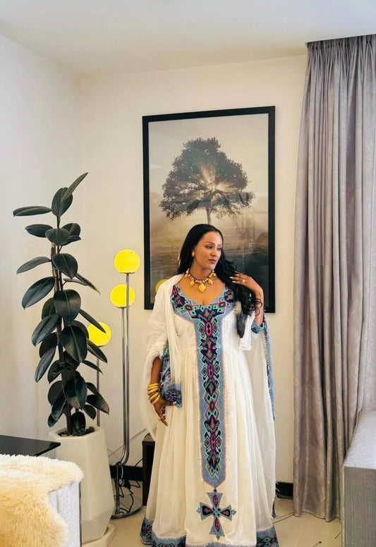 Elegant Habesha Kemis with Blue Tibeb – Ethiopian Modern Dress
