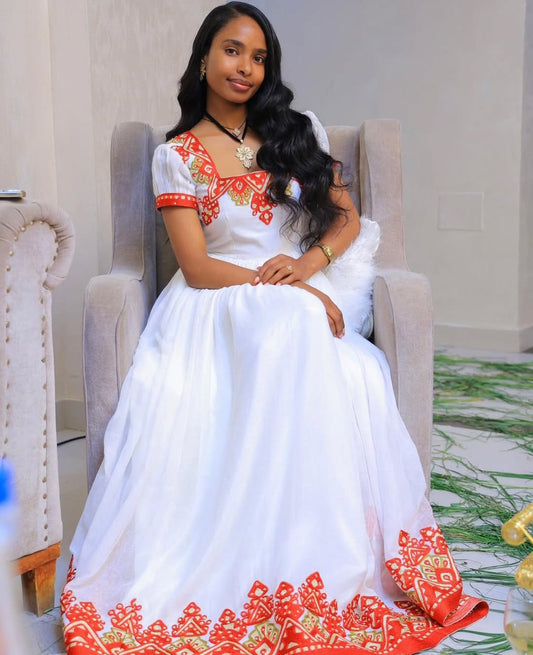 Charming Habesha Dress with Red Tibeb – Ethiopian Traditional Dress