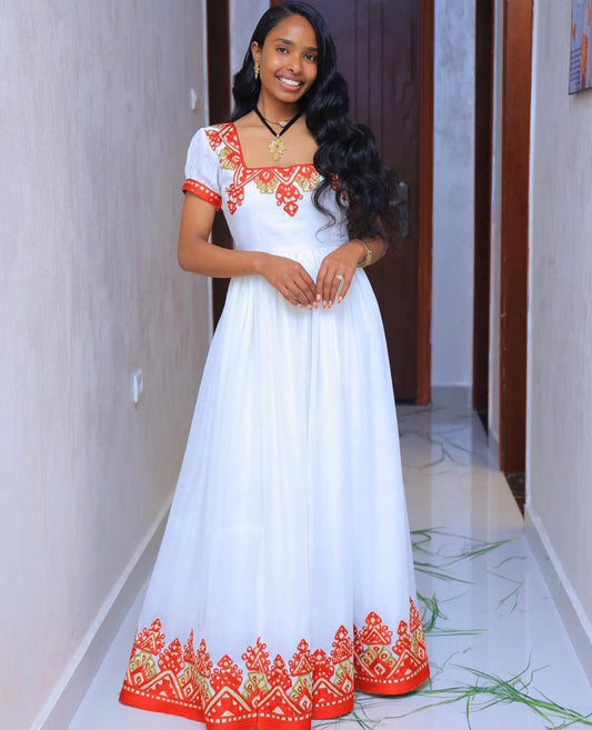 Charming Habesha Dress with Red Tibeb – Ethiopian Traditional Dress