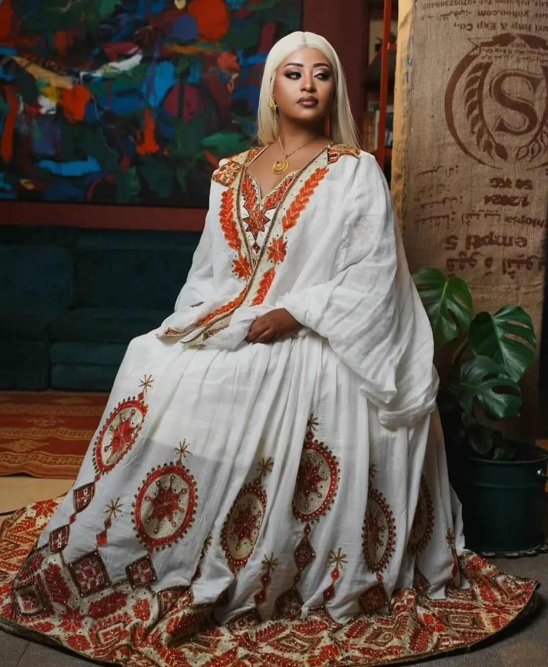 Regal Habesha Wedding Dress with red Tibeb – Ethiopian Bridal kemis
