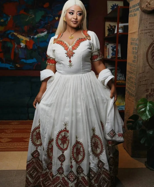 Regal Habesha Wedding Dress with red Tibeb – Ethiopian Bridal kemis