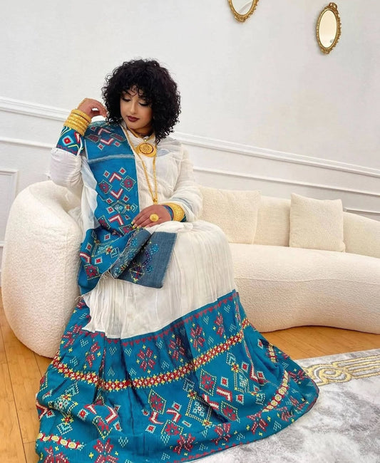 White Ethiopian Dress with Blue Embroidery – Classic Habesha Kemis Style
