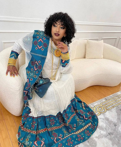 White Ethiopian Dress with Blue Embroidery – Classic Habesha Kemis Style
