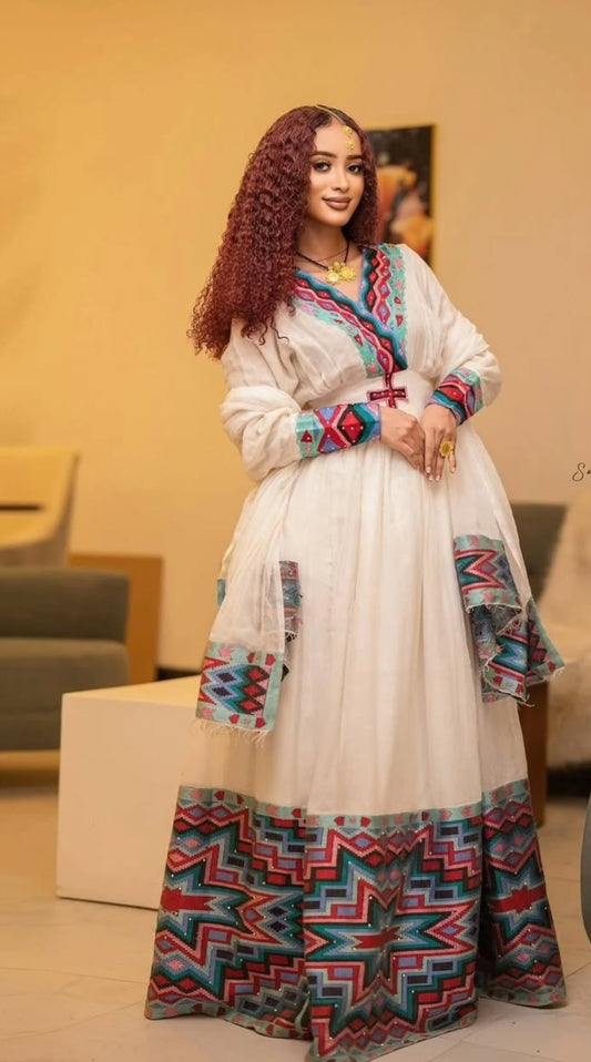 Vibrant Habesha Dress with Geometric Tibeb – Colorful Ethiopian Traditional Dress