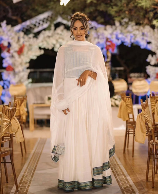 Modern Habesha Dress with Blue Tibeb – Stylish Ethiopian Kemis