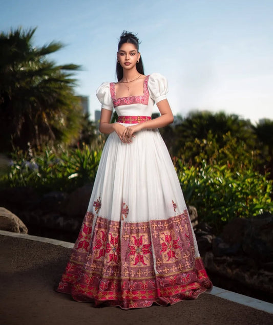 Elegant Ethiopian Wedding Dress with Red Tibeb – Ethiopian Habesha Kemis Style