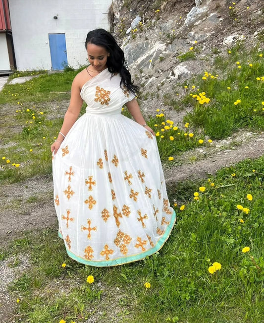 Habesha Dress with Golden Cross Tibeb – Stylish Ethiopian Dress for Everyday or Events