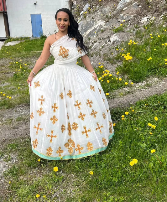 Habesha Dress with Golden Cross Tibeb – Stylish Ethiopian Dress for Everyday or Events