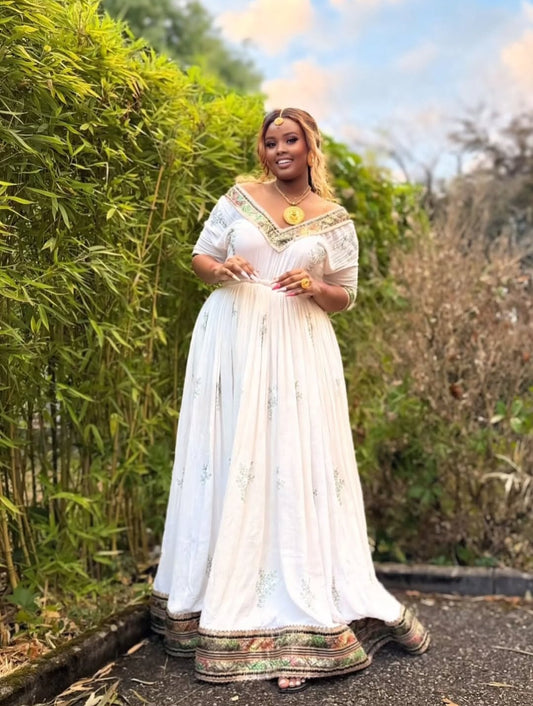 Traditional Ethiopian Dress with Brown Trim – Habesha Kemis