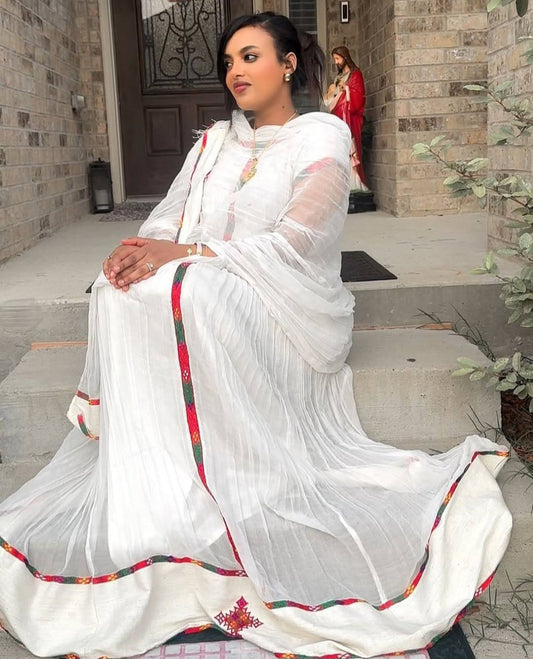 White Habesha Dress with Red Tibeb – Ethiopian Traditional Kemis