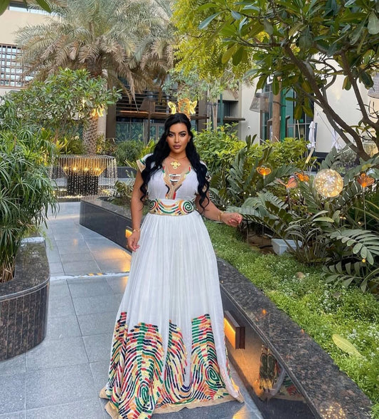 Vibrant Habesha Dress with Multi-Color Tibeb – Ethiopian Traditional Kemis for Women