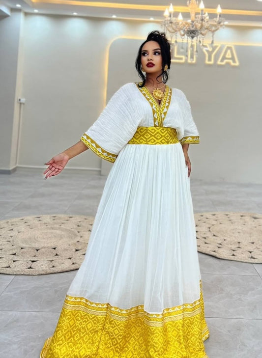 Radiant Habesha Kemis with gold Tibeb – Ethiopian Traditional Dress