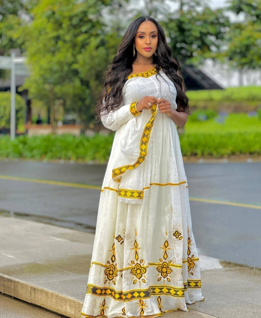 Elegant Habesha Kemis with Gold Tibeb – Handmade Ethiopian Dress for Celebrations