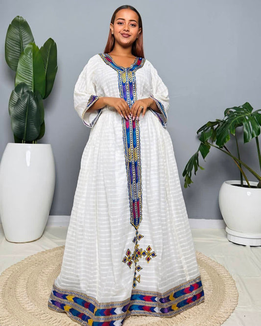 Habesha Dress with Blue Tibeb – Ethiopian Traditional Dress for Celebrations
