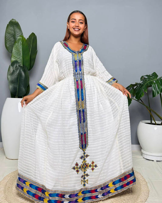 Habesha Dress with Blue Tibeb – Ethiopian Traditional Dress for Celebrations