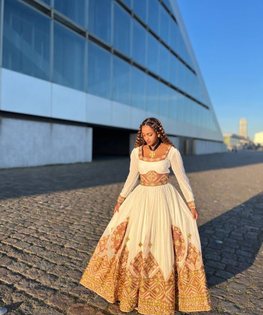 Ethiopian Dress with Golden Patterned Tibeb – classsic Habesha Kemis style