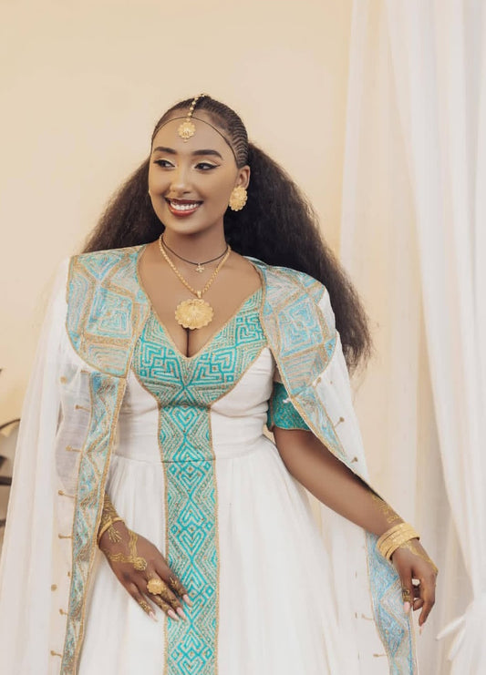 Exquisite Habesha Wedding Dress Green Tibeb – Handwoven Ethiopian Dress