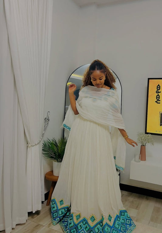 Modern Habesha Kemis with Blue Tibeb – Ethiopian Dress