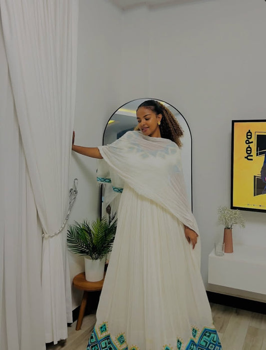 Modern Habesha Kemis with Blue Tibeb – Ethiopian Dress