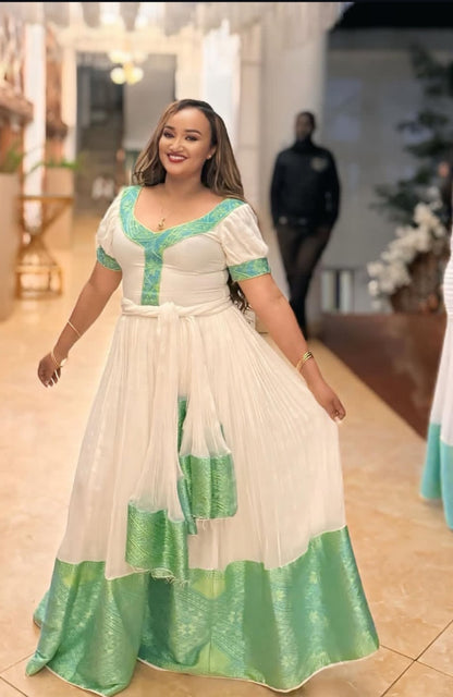 Elegant Ethiopian Dress with Green Tibeb – Ethiopian Dress for Events