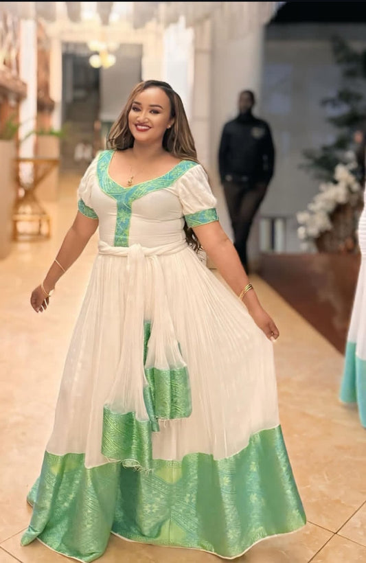 Elegant Ethiopian Dress with Green Tibeb – Ethiopian Dress for Events