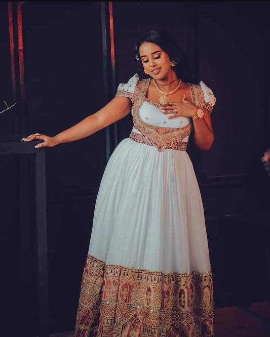 Traditional Habesha Kemis with Red Tibeb – Ethiopian Cultural Dress
