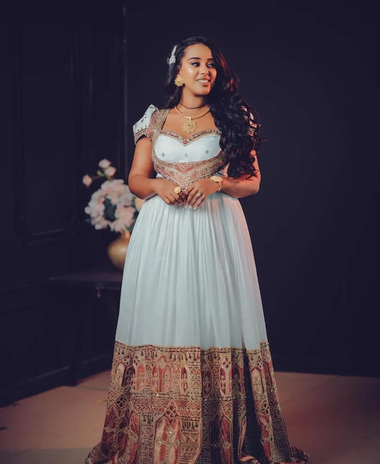 Traditional Habesha Kemis with Red Tibeb – Ethiopian Cultural Dress