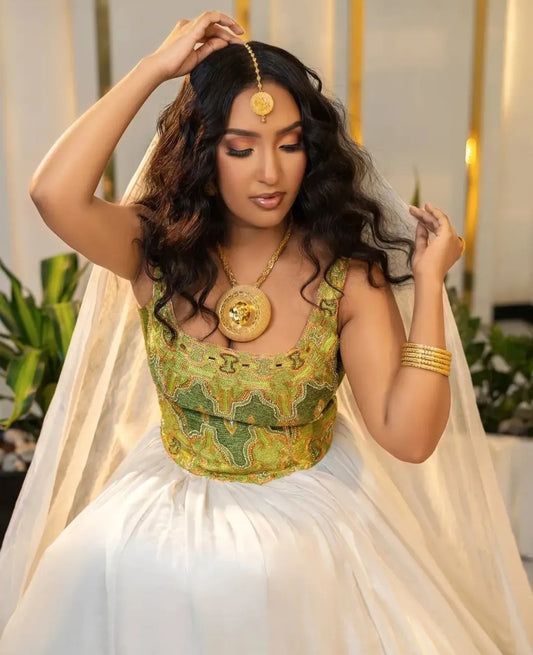 Green Habesha wedding Dress – Unique Ethiopian Cultural Attire