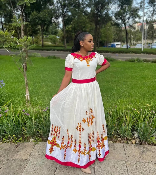 Modern Habesha Dress with Red Accents – Stylish Ethiopian Kemis
