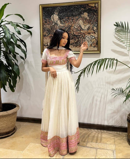 Elegant Habesha Dress with Pink Tibeb – Ethiopian Traditional kemis