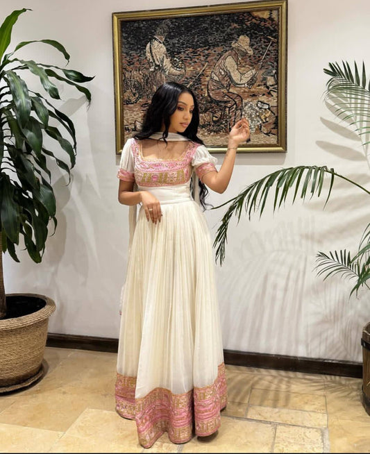 Elegant Habesha Dress with Pink Tibeb – Ethiopian Traditional kemis