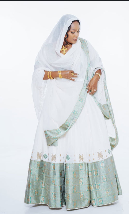 White Ethiopian Dress with silver Tibeb – Elegant Habesha Kemis