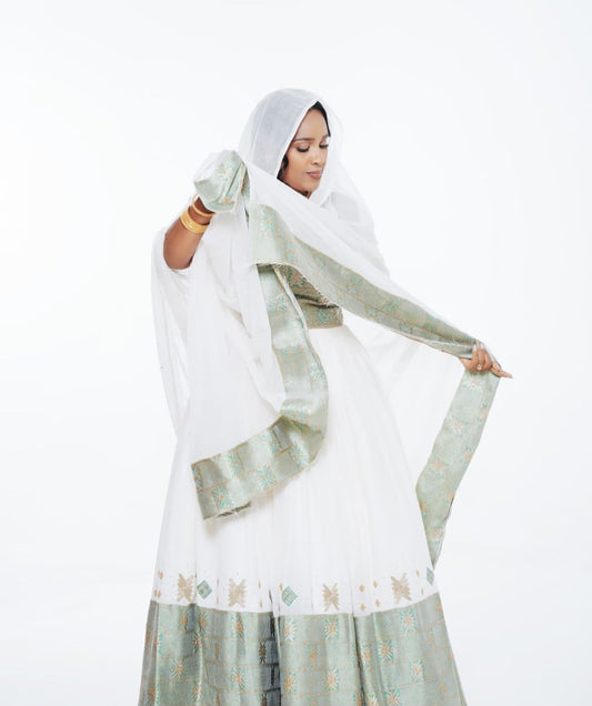 White Ethiopian Dress with silver Tibeb – Elegant Habesha Kemis