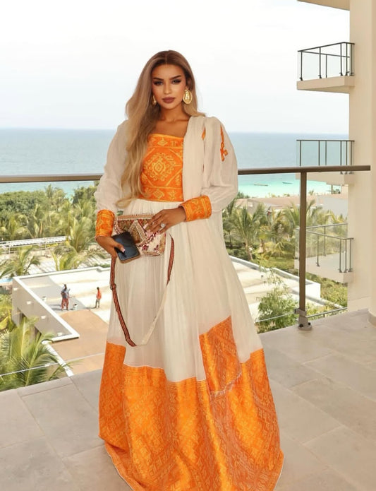 Modern Habesha Dress with Orange Tibeb – Stylish Ethiopian Outfit