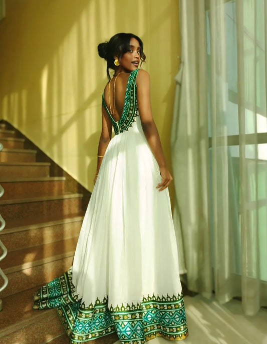 Modern Habesha Dress with Green Back Detail – Unique Ethiopian Kemis