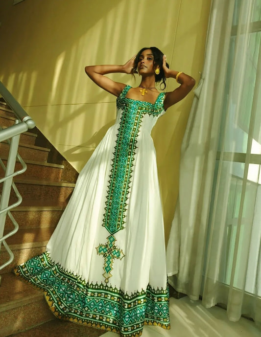 Modern Habesha Dress with Green Back Detail – Unique Ethiopian Kemis