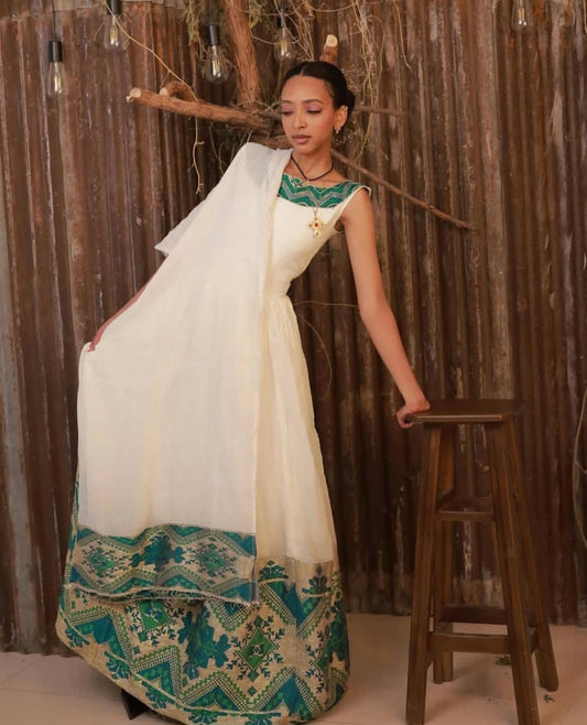 Classic Habesha Dress with Green Tibeb – Traditional Ethiopian Kemis