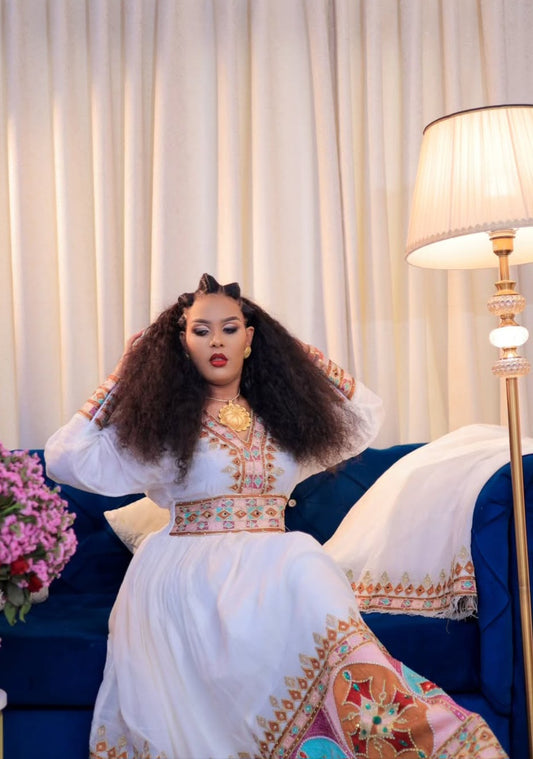 Classic Habesha Kemis with Multicolor Tibeb – Ethiopian Traditional Dress