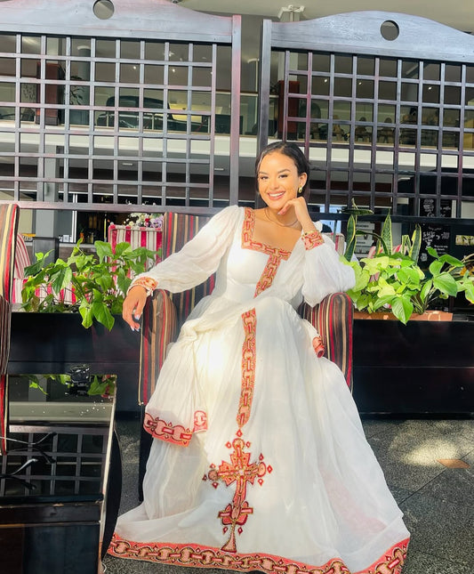 Elegant Habesha Dress with Red Tibeb – Classic Ethiopian Kemis